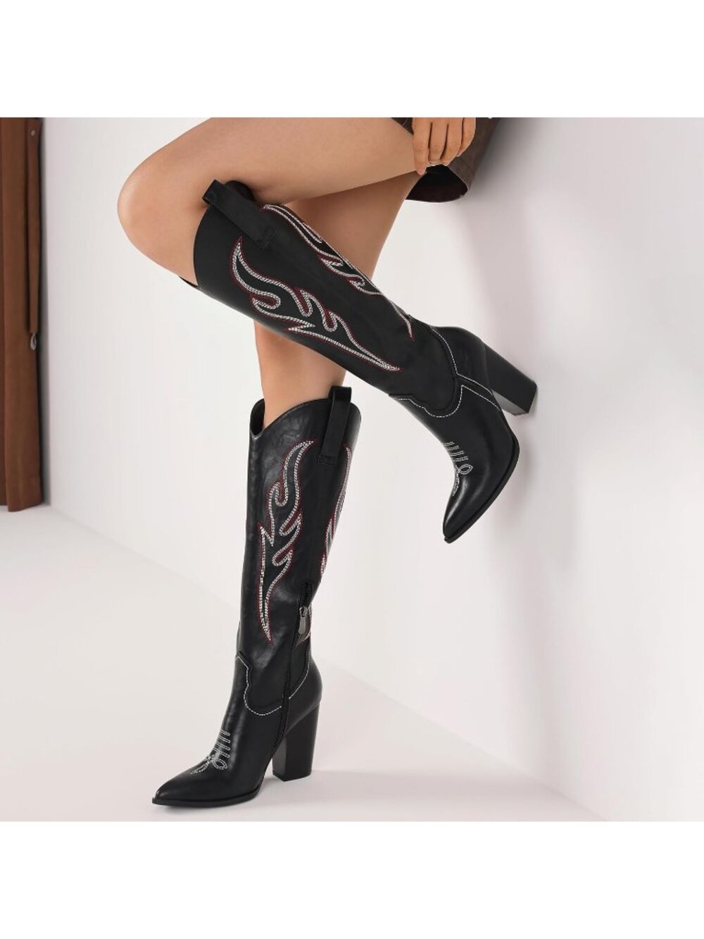 Women's Black Rhinestones Embroidered Closed Toe Knee High Zip Ankle Boot